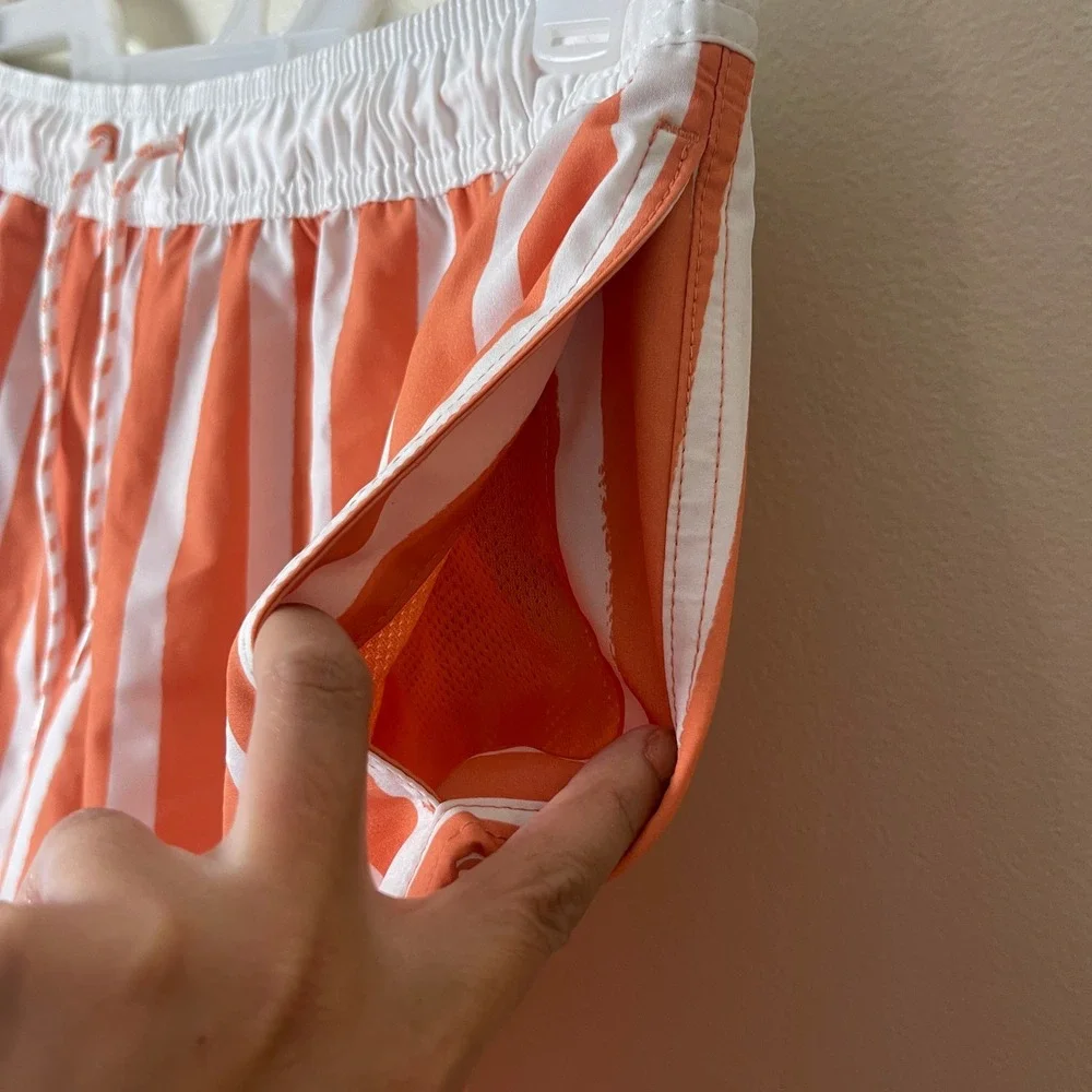 Goodfellow & Co Mens Orange White Striped Swim Trunks Mesh Lining Board Shorts M